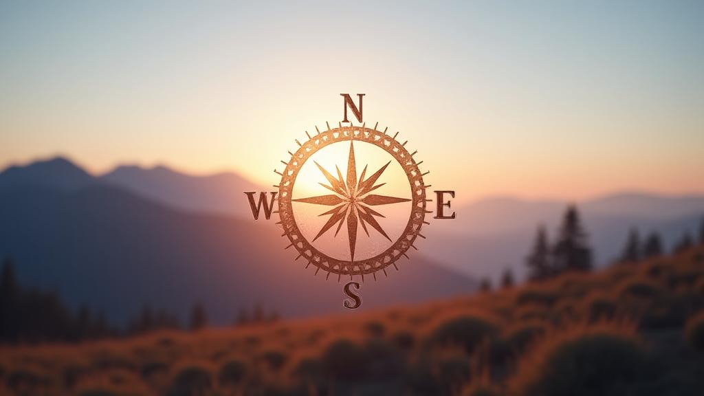 A modern compass overlaying a serene landscape at dawn.