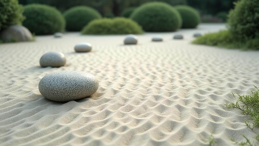 A serene Japanese zen garden with carefully raked sand and stones, symbolizing clarity and purpose.