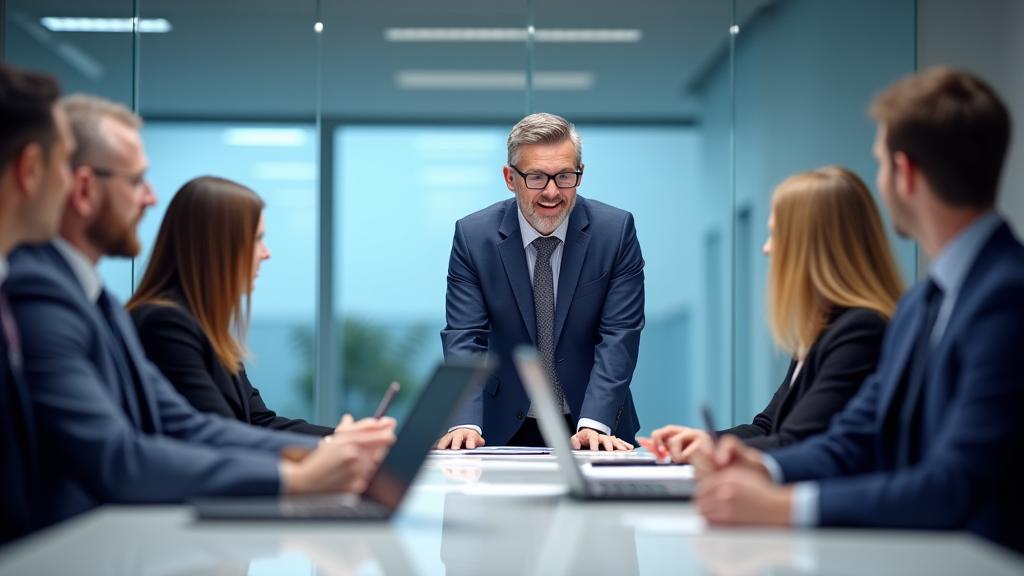 A confident executive presenting a strategy to their team around a large table.